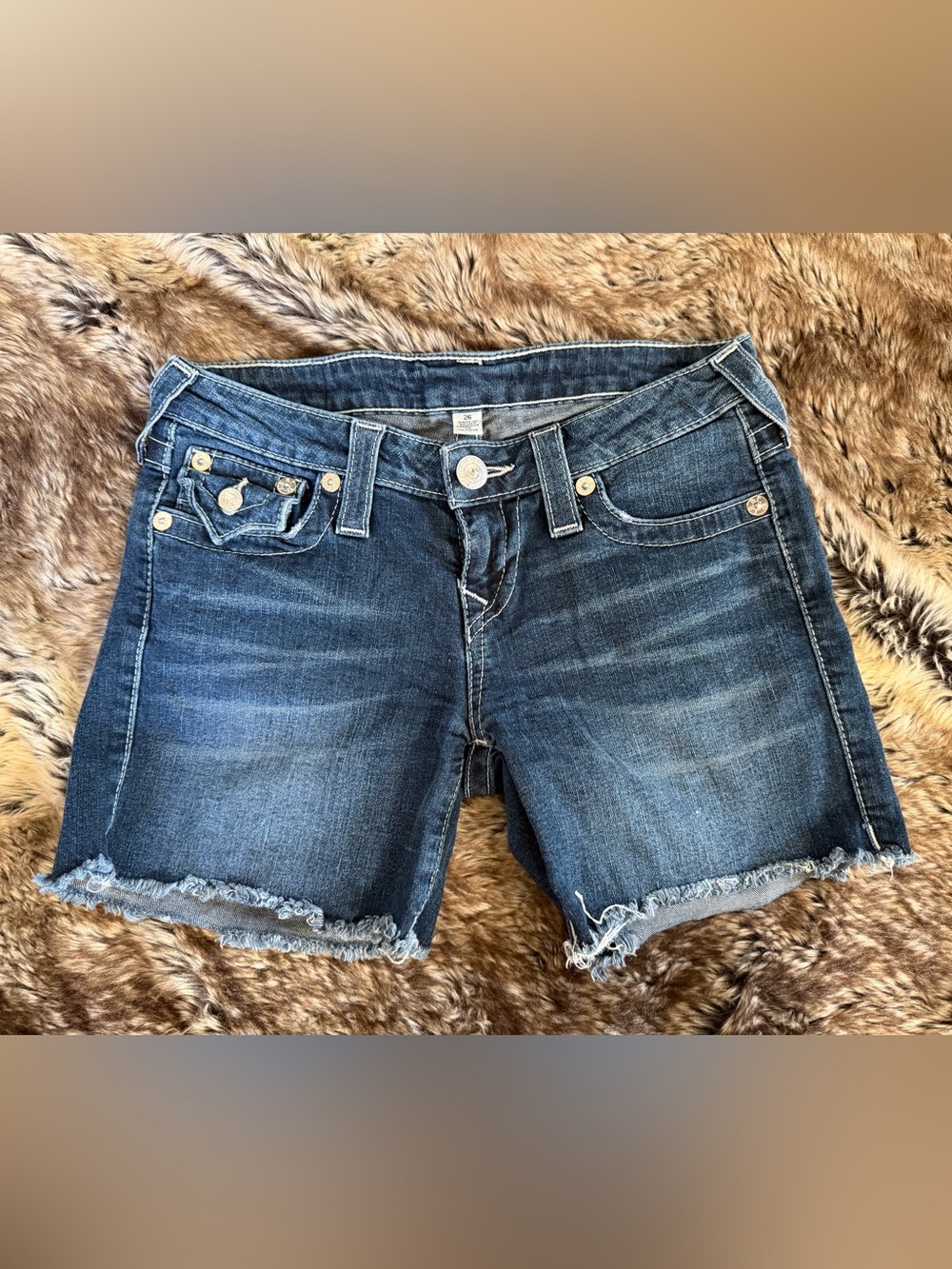 True Religion Dark Blue Denim Frayed Hem Women's Shorts
